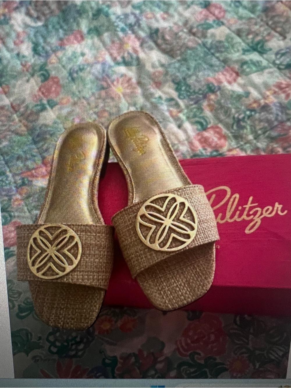 New Lilly Pulitzer Nessa Slide Sandals Raffia Goldtone Logo Medallion 6